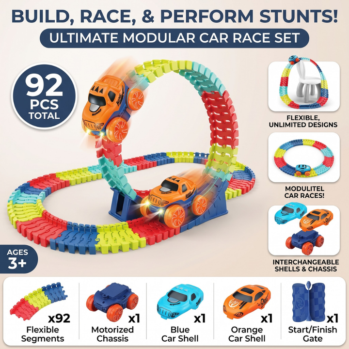 Toy Race Track Set | Snap-Together Pieces, Two Trucks