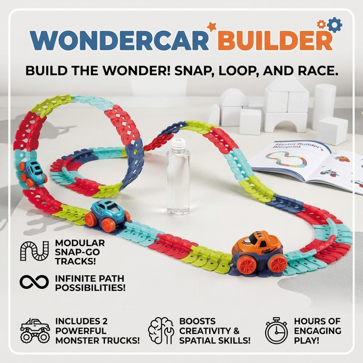 Toy Race Track Set | Snap-Together Pieces, Two Trucks
