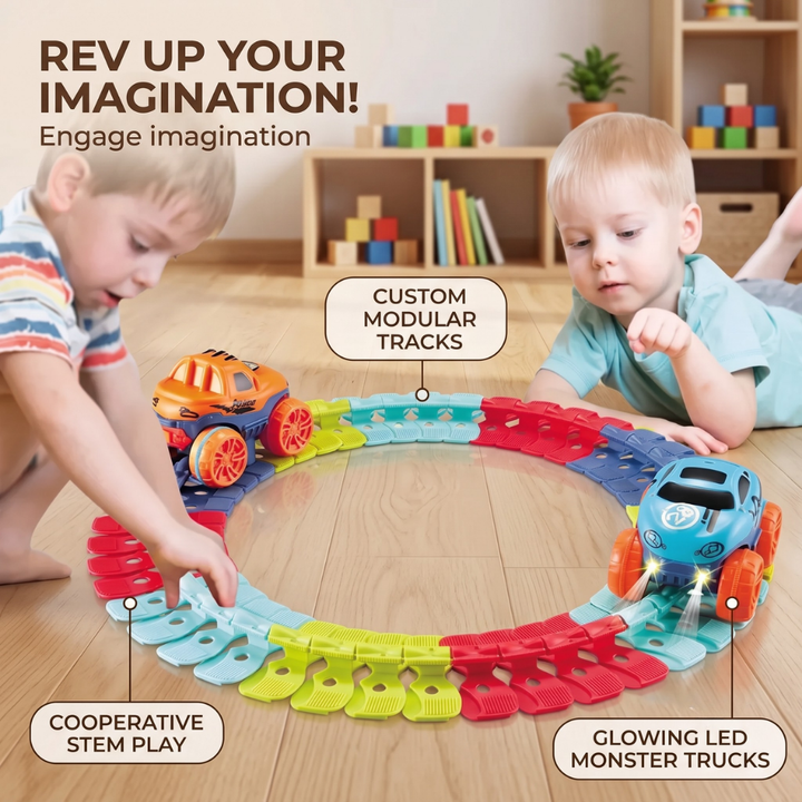 Toy Race Track Set | Snap-Together Pieces, Two Trucks