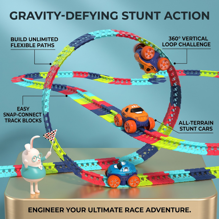 Toy Race Track Set | Snap-Together Pieces, Two Trucks