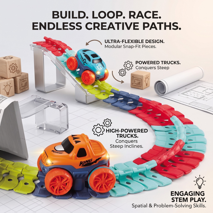 Toy Race Track Set | Snap-Together Pieces, Two Trucks