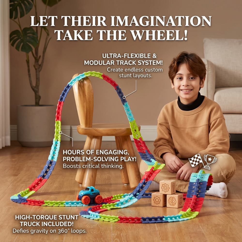 Toy Race Track Set | Snap-Together Pieces, Two Trucks