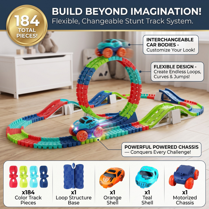 Toy Race Track Set | Snap-Together Pieces, Two Trucks