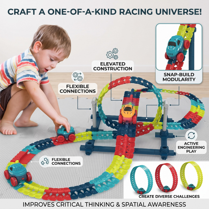 Toy Race Track Set | Snap-Together Pieces, Two Trucks