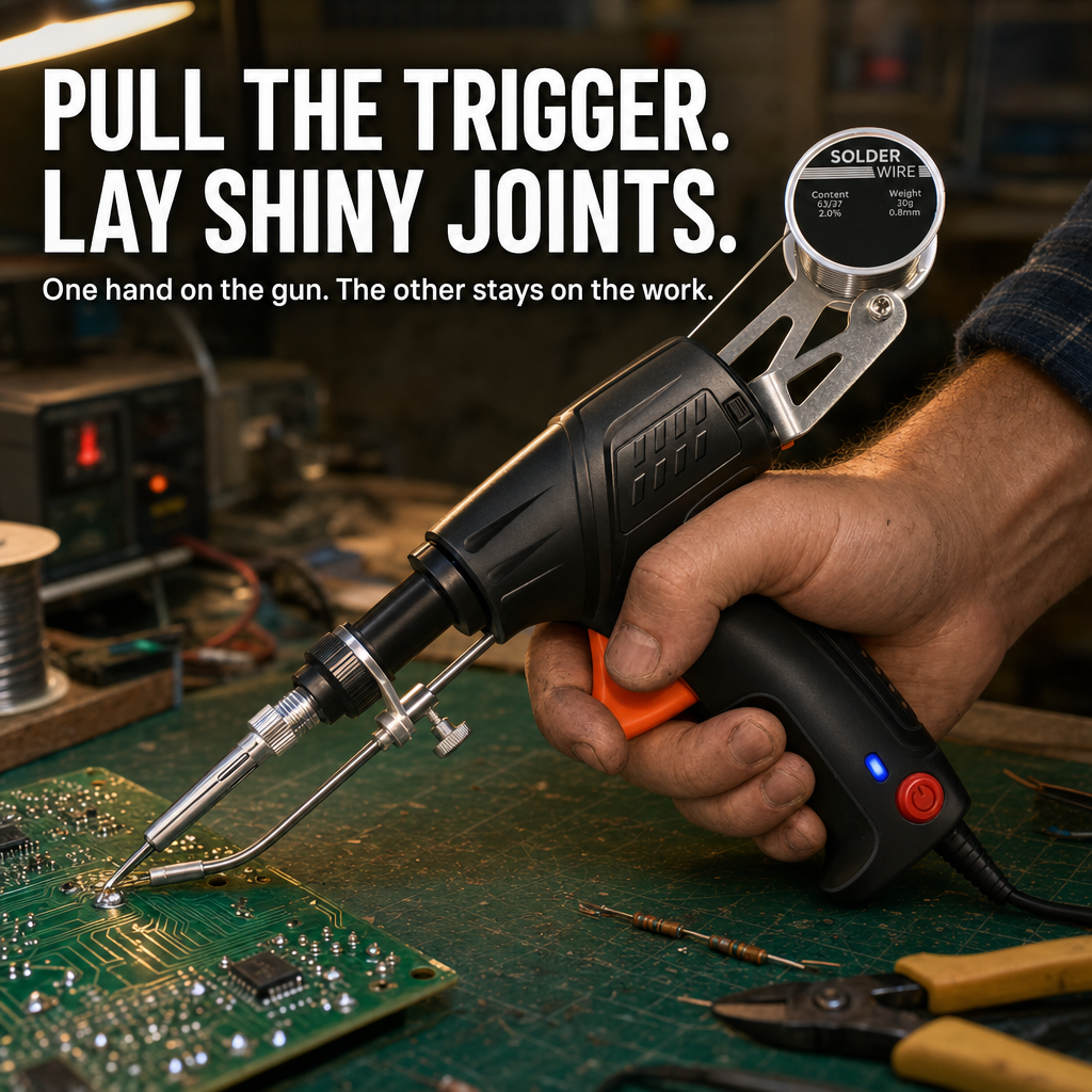 Trigger-Fed Soldering Gun | Auto-Feed 0.8 mm Solder Wire | Pistol Grip, Blue Indicator Light, Fold-Out Stand & Full Kit