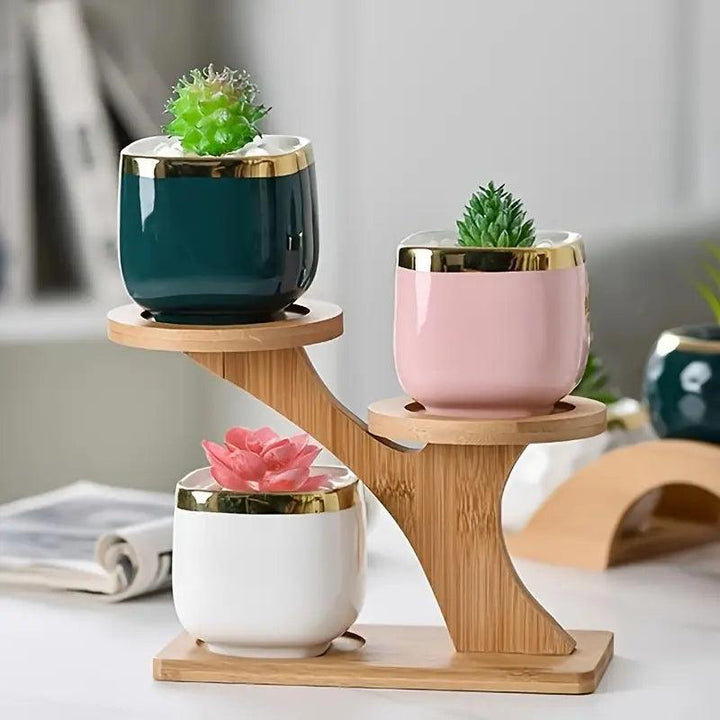 Two-Tier Plant Stand Bamboo Freestanding Indoor with Recessed Platforms
