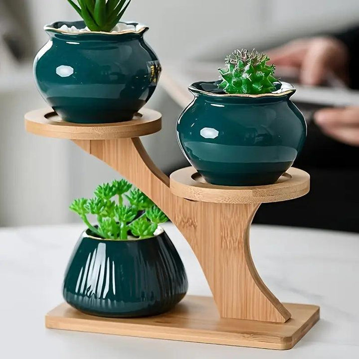 Two-Tier Plant Stand Bamboo Freestanding Indoor with Recessed Platforms
