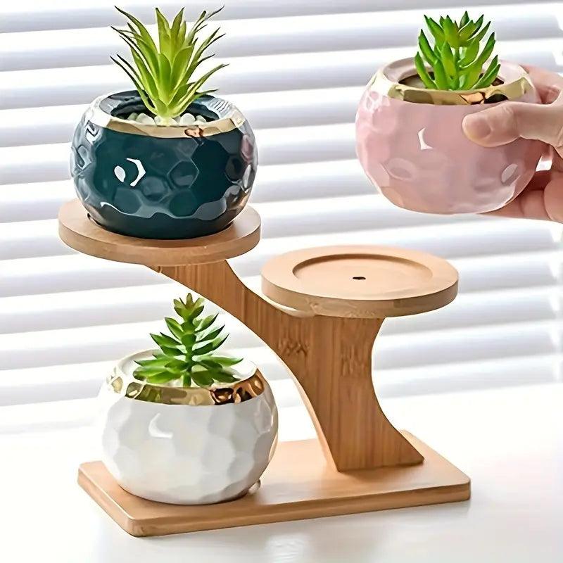Two-Tier Plant Stand Bamboo Freestanding Indoor with Recessed Platforms