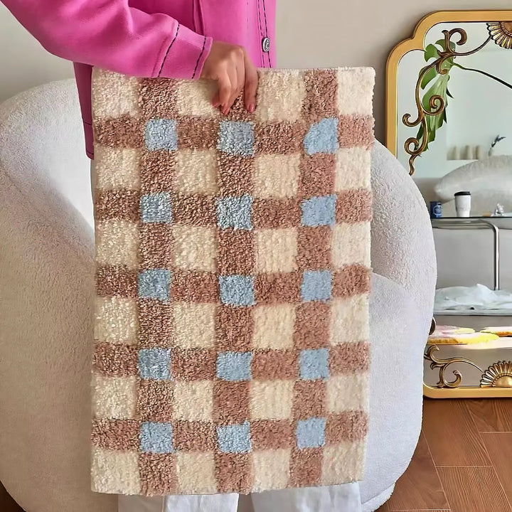 Two-Tone Grid Rug Polyester | Non-Slip TPR Base | Machine Washable Checkered Floor Mat for Living Room, Bedroom, Hallway