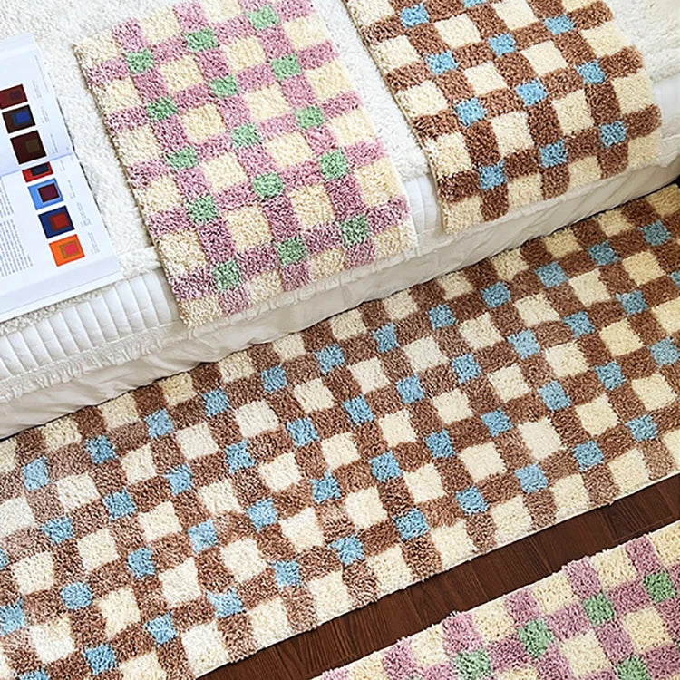 Two-Tone Grid Rug Polyester | Non-Slip TPR Base | Machine Washable Checkered Floor Mat for Living Room, Bedroom, Hallway