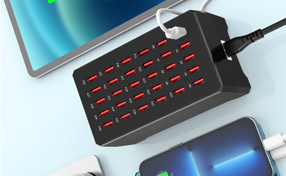 USB Charging Station 15-Port | Input 100–240 V, Output 2.4 A per Port | Flame-Retardant PC/ABS Housing, Non-Slip Feet