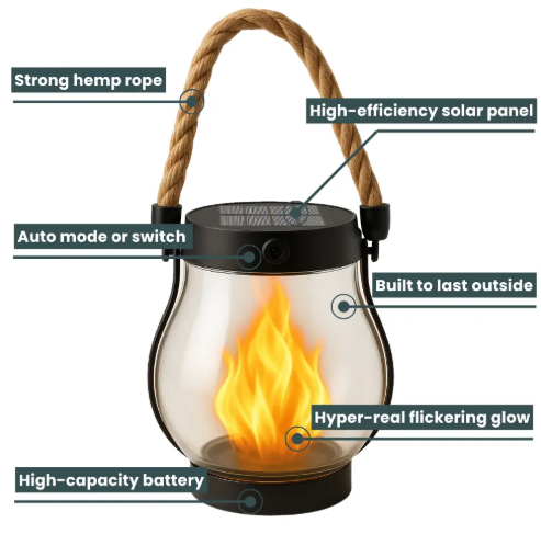 USB Rechargeable Rope Lantern, ABS Body | Hemp Rope Carry Handle, Grey | Light-Sensing Auto On/Off