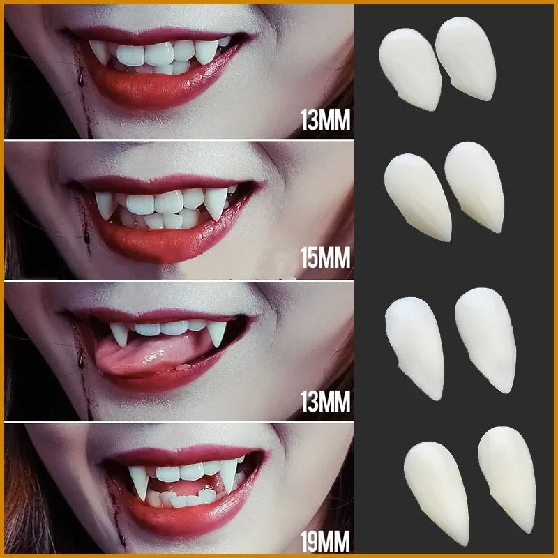Vampire Fangs Halloween Costume Set | 5 Pairs with Solid Adhesive Included | Reusable Resin Denture Fangs for Cosplay Parties