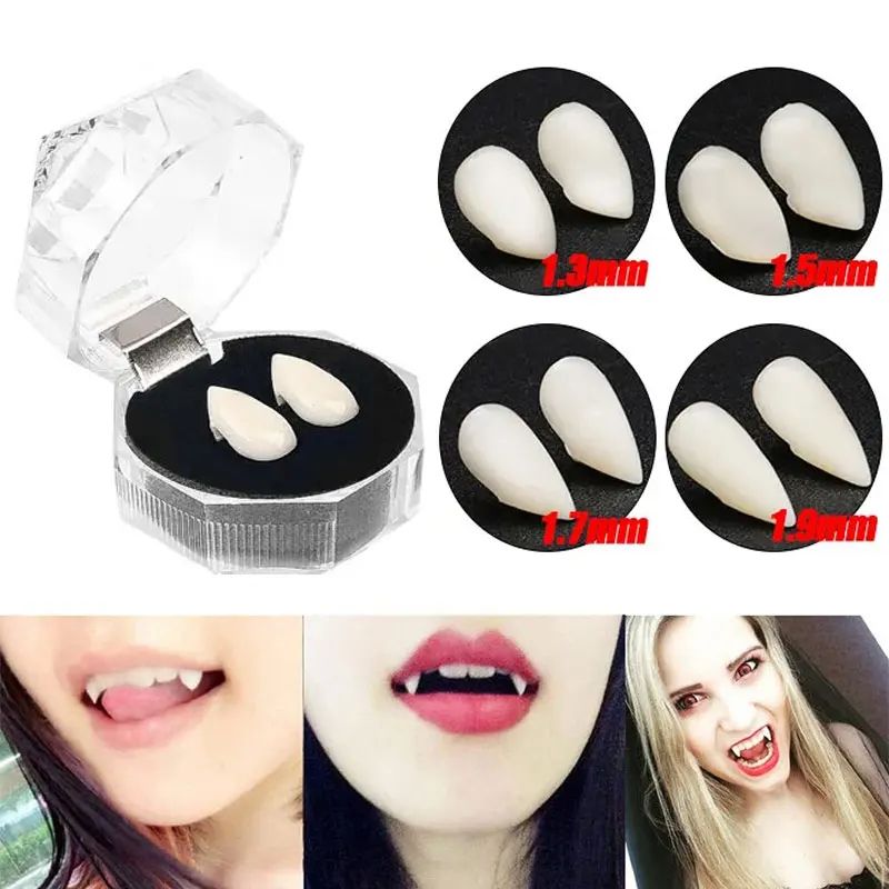 Vampire Fangs Halloween Costume Set | 5 Pairs with Solid Adhesive Included | Reusable Resin Denture Fangs for Cosplay Parties