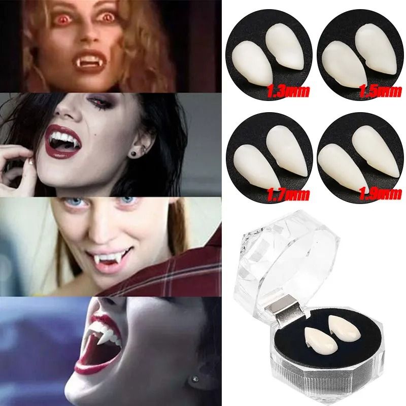 Vampire Fangs Halloween Costume Teeth | 5 Reusable Resin Pairs with Adhesive | Fits Multiple Characters & Group Use
