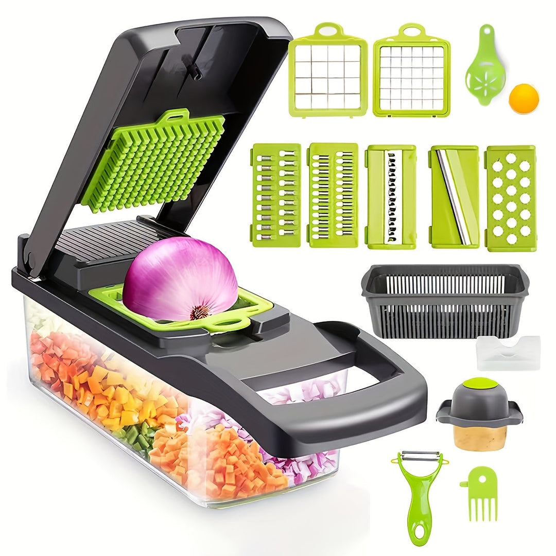 Vegetable Chopper Manual 16-in-1 | 8 Interchangeable Blades, Container &amp; Strainer | Dice, Slice, Julienne Without Electricity