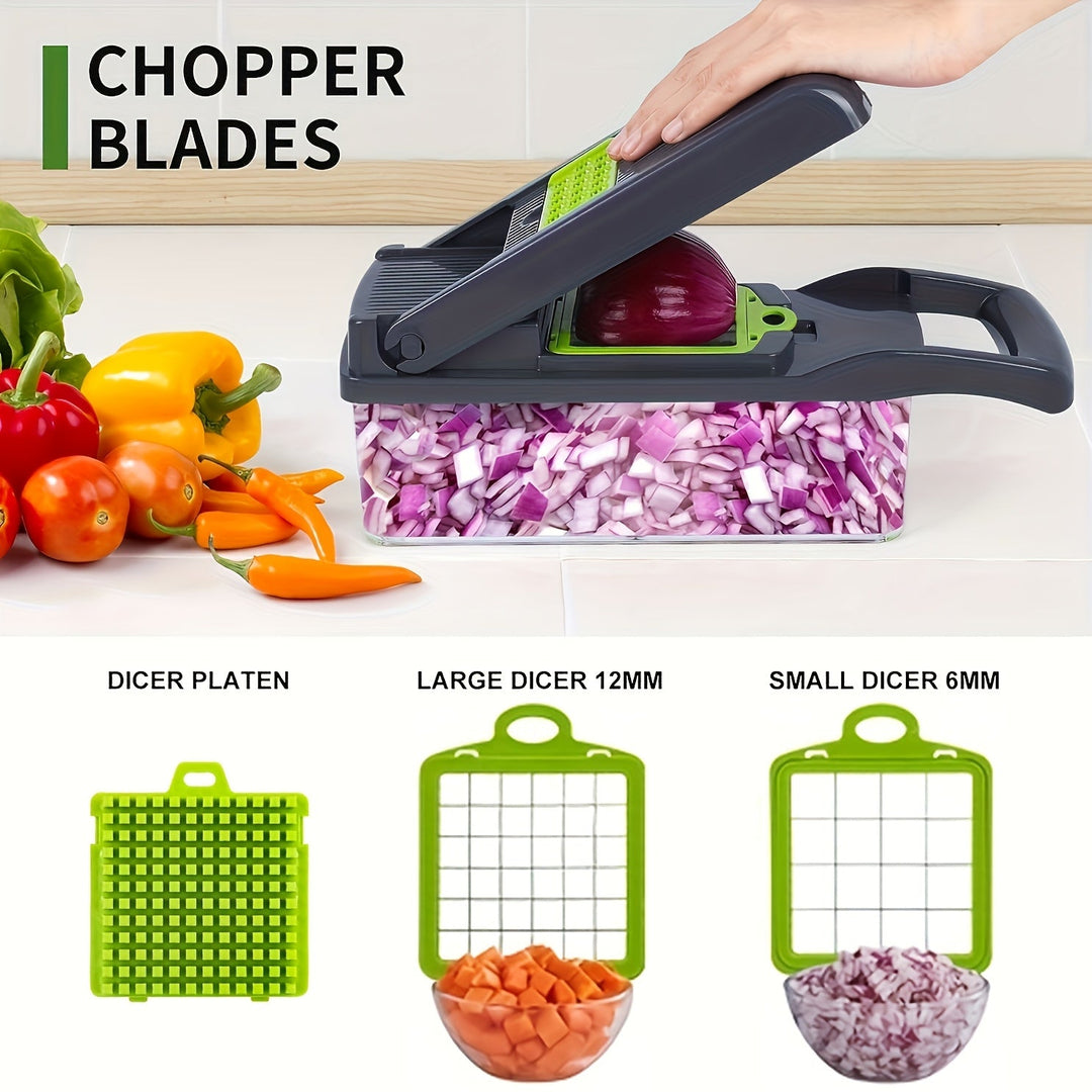 Vegetable Chopper Manual 16-in-1 | 8 Interchangeable Blades, Container &amp; Strainer | Dice, Slice, Julienne Without Electricity