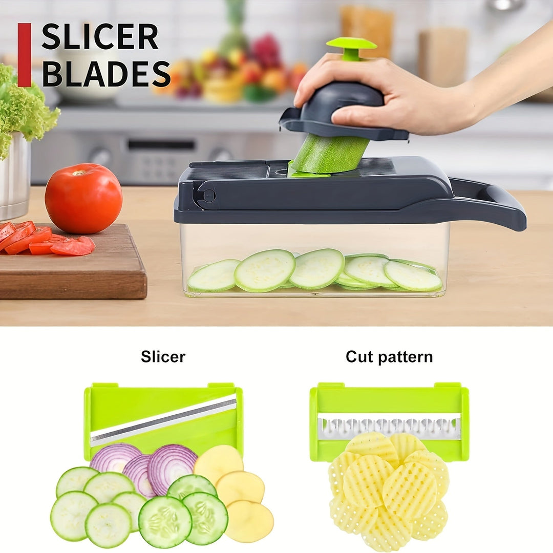 Vegetable Chopper Manual 16-in-1 | 8 Interchangeable Blades, Container &amp; Strainer | Dice, Slice, Julienne Without Electricity