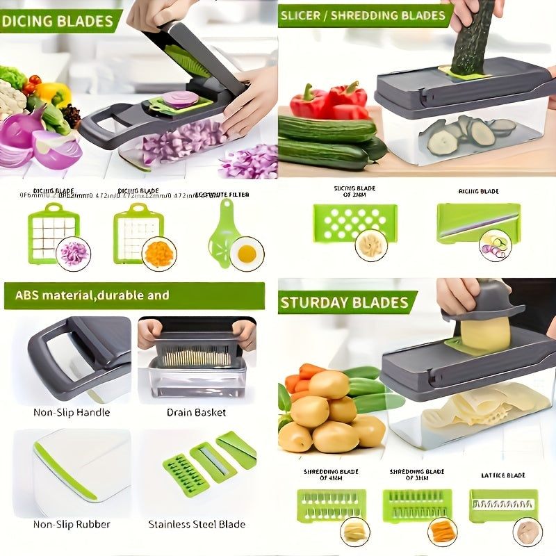 Vegetable Chopper Manual 16-in-1 | 8 Interchangeable Blades, Container &amp; Strainer | Dice, Slice, Julienne Without Electricity