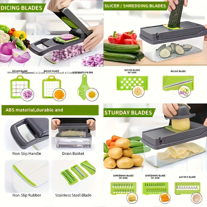 Vegetable Chopper Manual 16-in-1 | 8 Interchangeable Blades, Container &amp; Strainer | Dice, Slice, Julienne Without Electricity