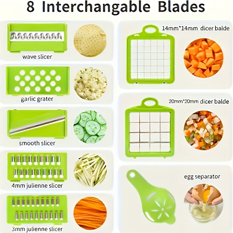 Vegetable Chopper Manual 16-in-1 | 8 Interchangeable Blades, Container &amp; Strainer | Dice, Slice, Julienne Without Electricity