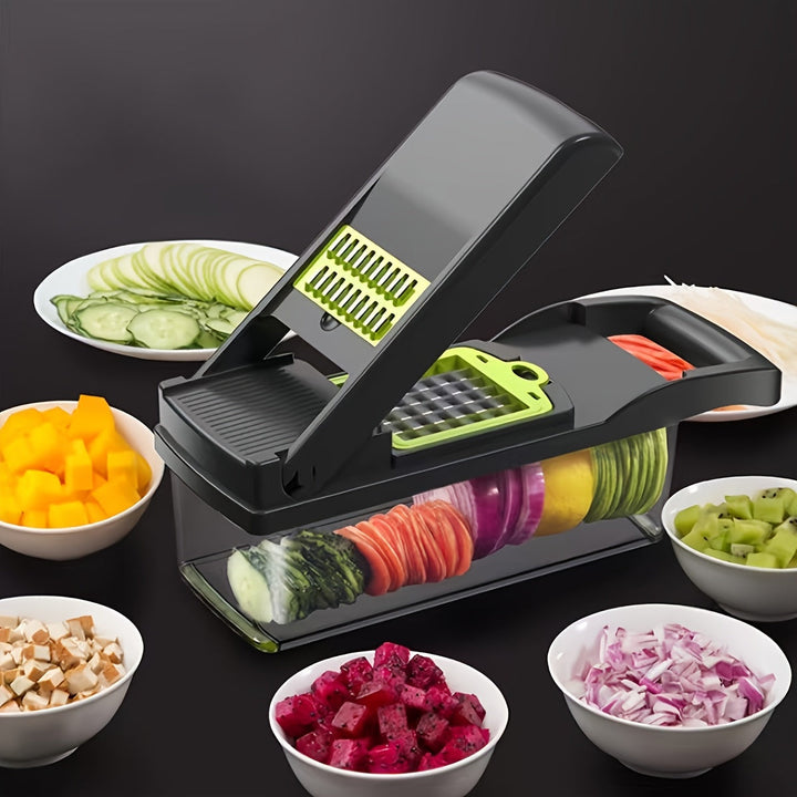 Vegetable Chopper Manual 16-in-1 | 8 Interchangeable Blades, Container &amp; Strainer | Dice, Slice, Julienne Without Electricity