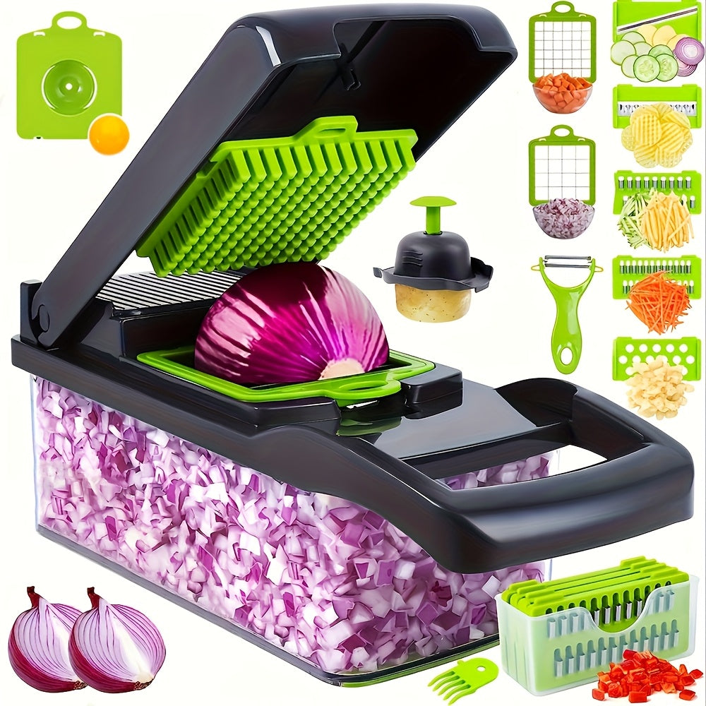 Vegetable Chopper Manual 16-in-1 | 8 Interchangeable Blades, Container & Strainer | Dice, Slice, Julienne Without Electricity