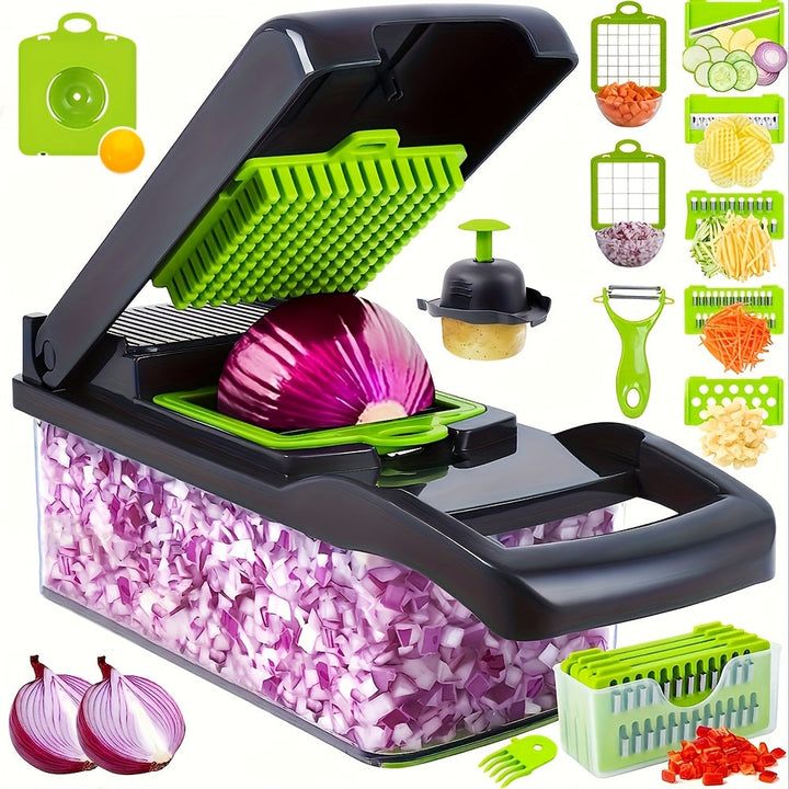 Vegetable Chopper Manual 16-in-1 | 8 Interchangeable Blades, Container &amp; Strainer | Dice, Slice, Julienne Without Electricity