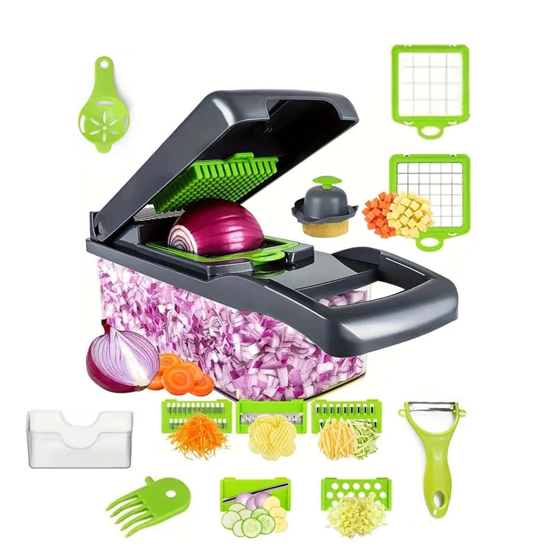 Vegetable Slicer Set | Multifunctional Press Chopper with Blade Inserts and Container