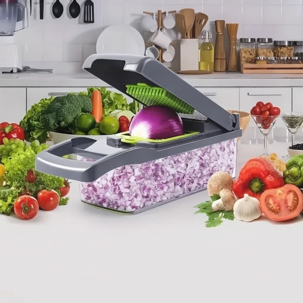 Vegetable Slicer Set | Multifunctional Press Chopper with Blade Inserts and Container