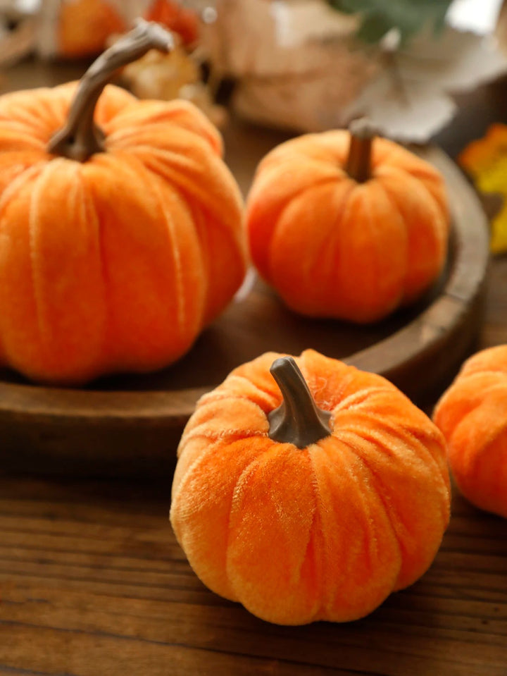 Velvet Artificial Pumpkin Fall Decor | Plush Texture with Decorative Stem | Reusable Tabletop Ornament for Autumn Display