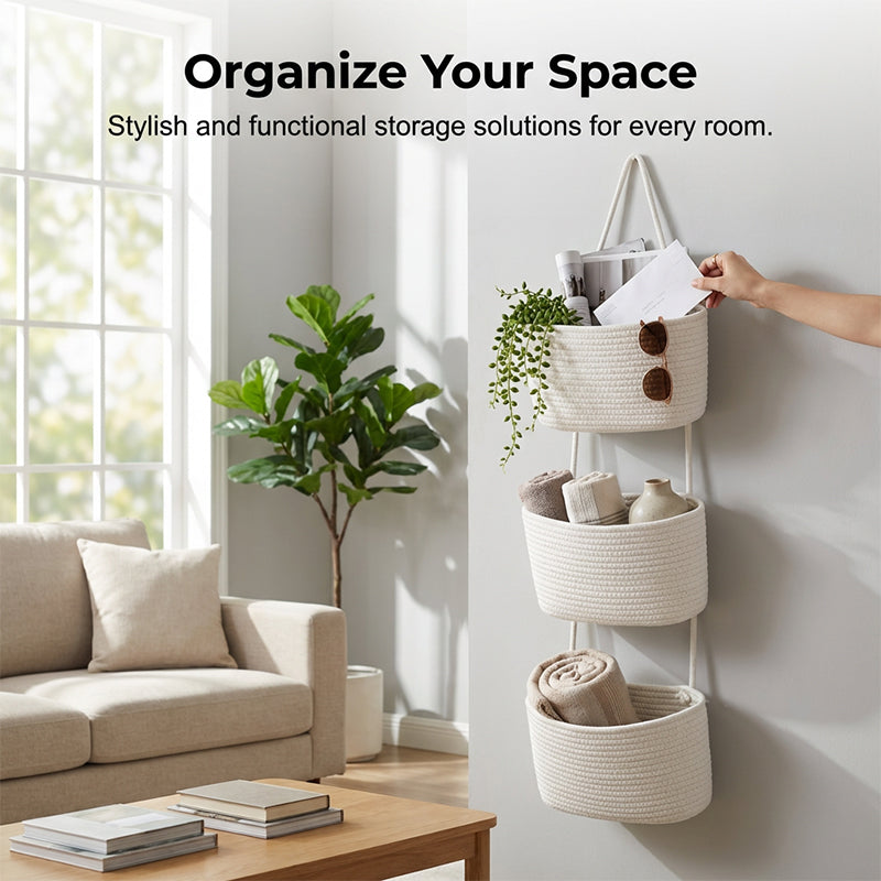 Wall Hanging Storage Organizer Handwoven Spaced Tiers with 3-Tier Design