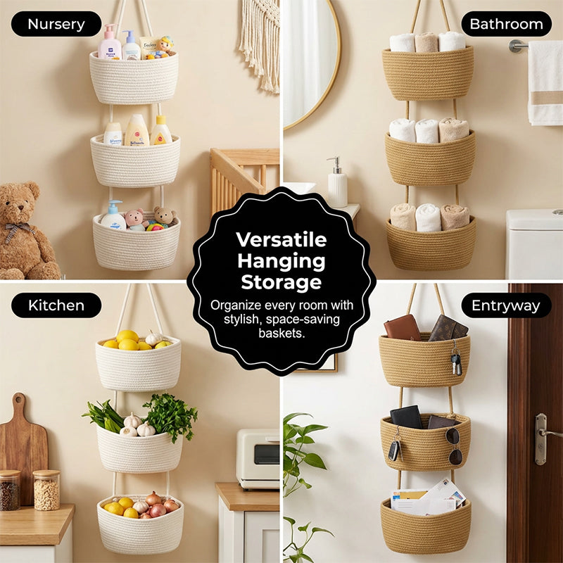 Wall Hanging Storage Organizer Handwoven Spaced Tiers with 3-Tier Design