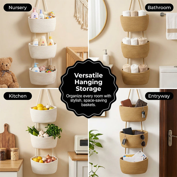 Wall Hanging Storage Organizer Handwoven Spaced Tiers with 3-Tier Design