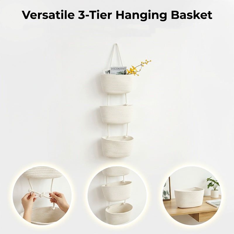 Wall Hanging Storage Organizer Handwoven Spaced Tiers with 3-Tier Design