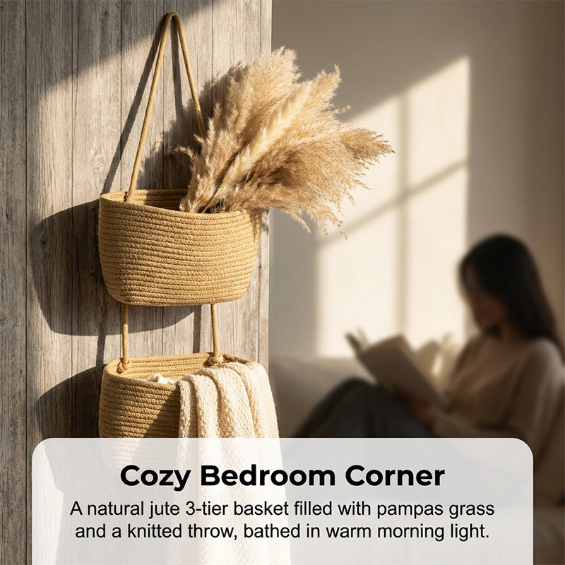 Wall Hanging Storage Organizer Handwoven Spaced Tiers with 3-Tier Design