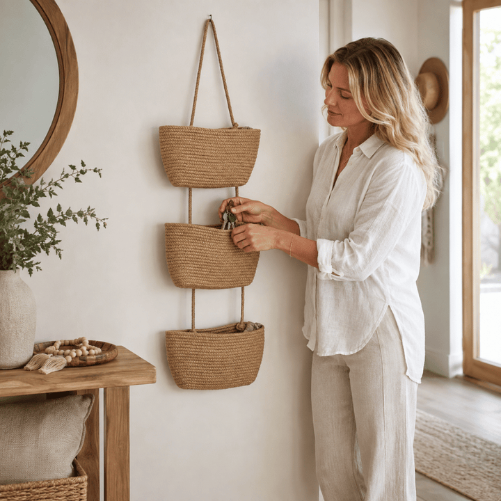 Wall Hanging Storage Organizer Handwoven Spaced Tiers with 3-Tier Design