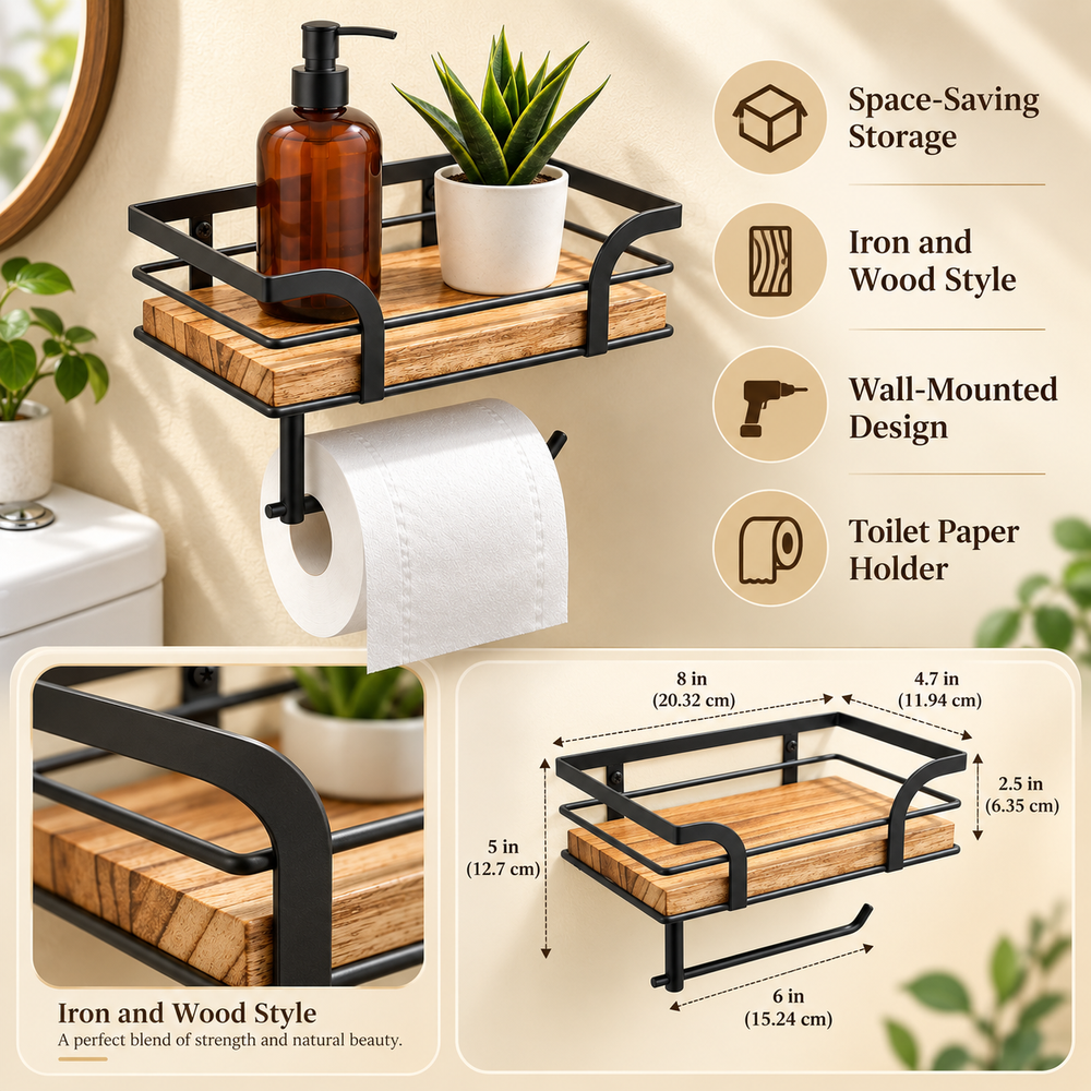 Wall Mounted Bathroom Shelf Iron and Wood | Over-Toilet Towel Rack Storage | Space-Saving Decorative Design for Home