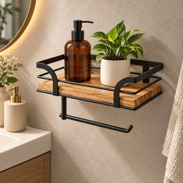 Wall Mounted Bathroom Shelf Iron and Wood | Over-Toilet Towel Rack Storage | Space-Saving Decorative Design for Home