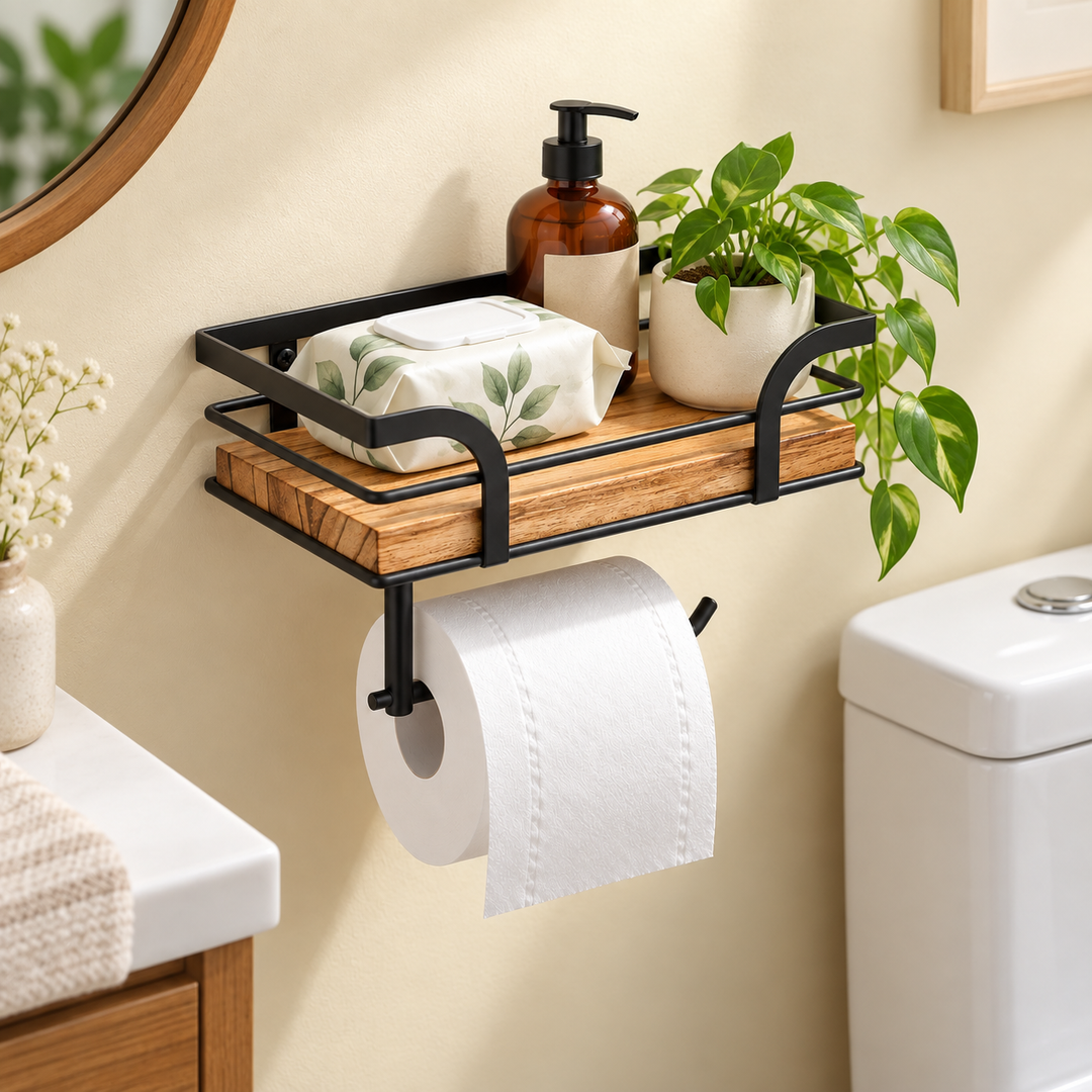 Wall Mounted Bathroom Shelf Iron and Wood | Over-Toilet Towel Rack Storage | Space-Saving Decorative Design for Home