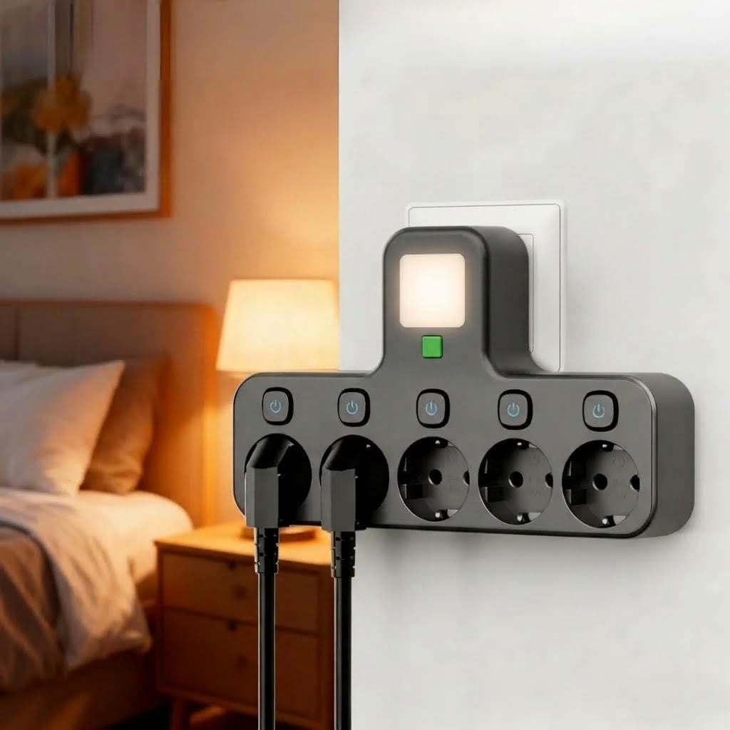 Wall Power Strip Plug-In 5-Outlet Individually Switched with Night Light