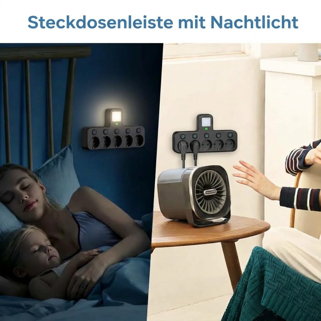 Wall Power Strip Plug-In 5-Outlet Individually Switched with Night Light