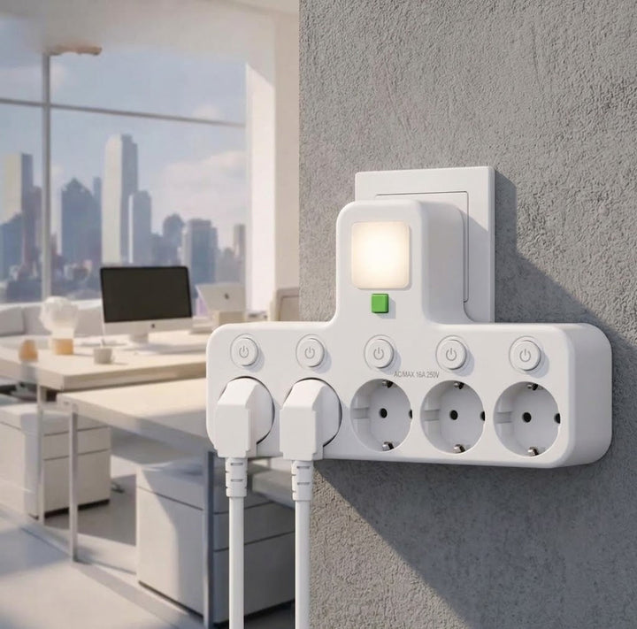Wall Power Strip Plug-In 5-Outlet Individually Switched with Night Light