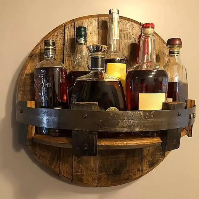 Wall Wine Rack Wooden Reclaimed Oak Barrel Decor with 7-Bottle Capacity