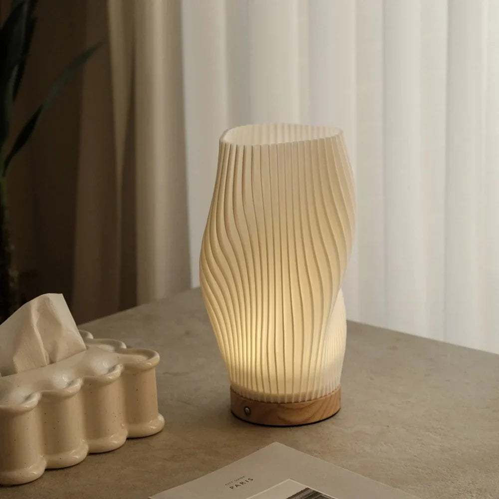 Wave Shade Table Lamp Metal &amp; Wood Base 20.5–30 cm | 3-Step Dimmable, USB-Powered | Warm &amp; Natural White Light