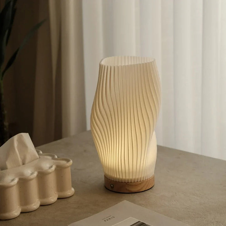 Wave Shade Table Lamp Metal &amp; Wood Base 20.5–30 cm | 3-Step Dimmable, USB-Powered | Warm &amp; Natural White Light