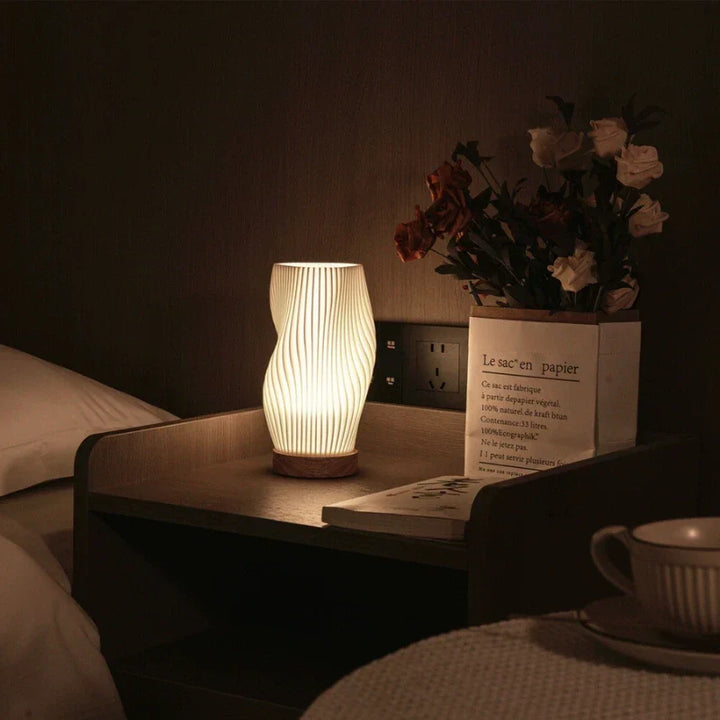 Wave Shade Table Lamp Metal &amp; Wood Base 20.5–30 cm | 3-Step Dimmable, USB-Powered | Warm &amp; Natural White Light