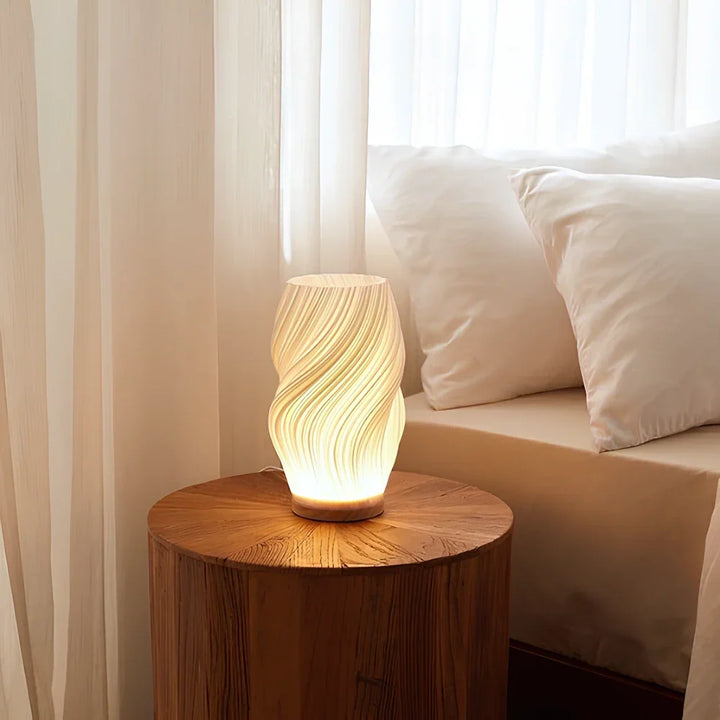 Wave Shade Table Lamp Metal &amp; Wood Base 20.5–30 cm | 3-Step Dimmable, USB-Powered | Warm &amp; Natural White Light