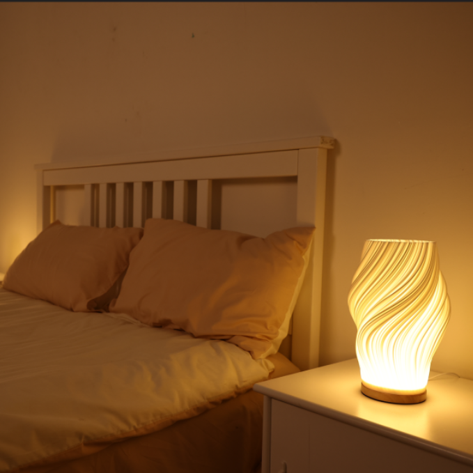 Wave Shade Table Lamp Metal &amp; Wood Base 20.5–30 cm | 3-Step Dimmable, USB-Powered | Warm &amp; Natural White Light