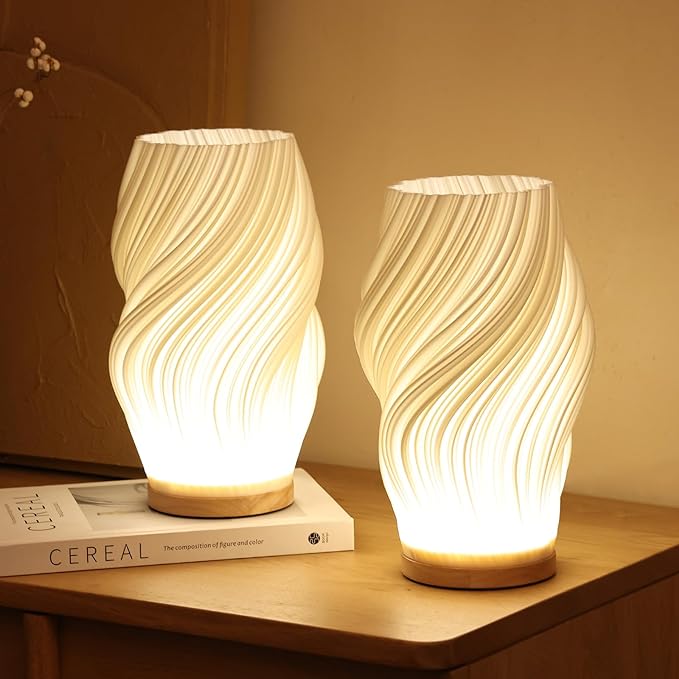 Wave Shade Table Lamp Metal & Wood Base 20.5–30 cm | 3-Step Dimmable, USB-Powered | Warm & Natural White Light